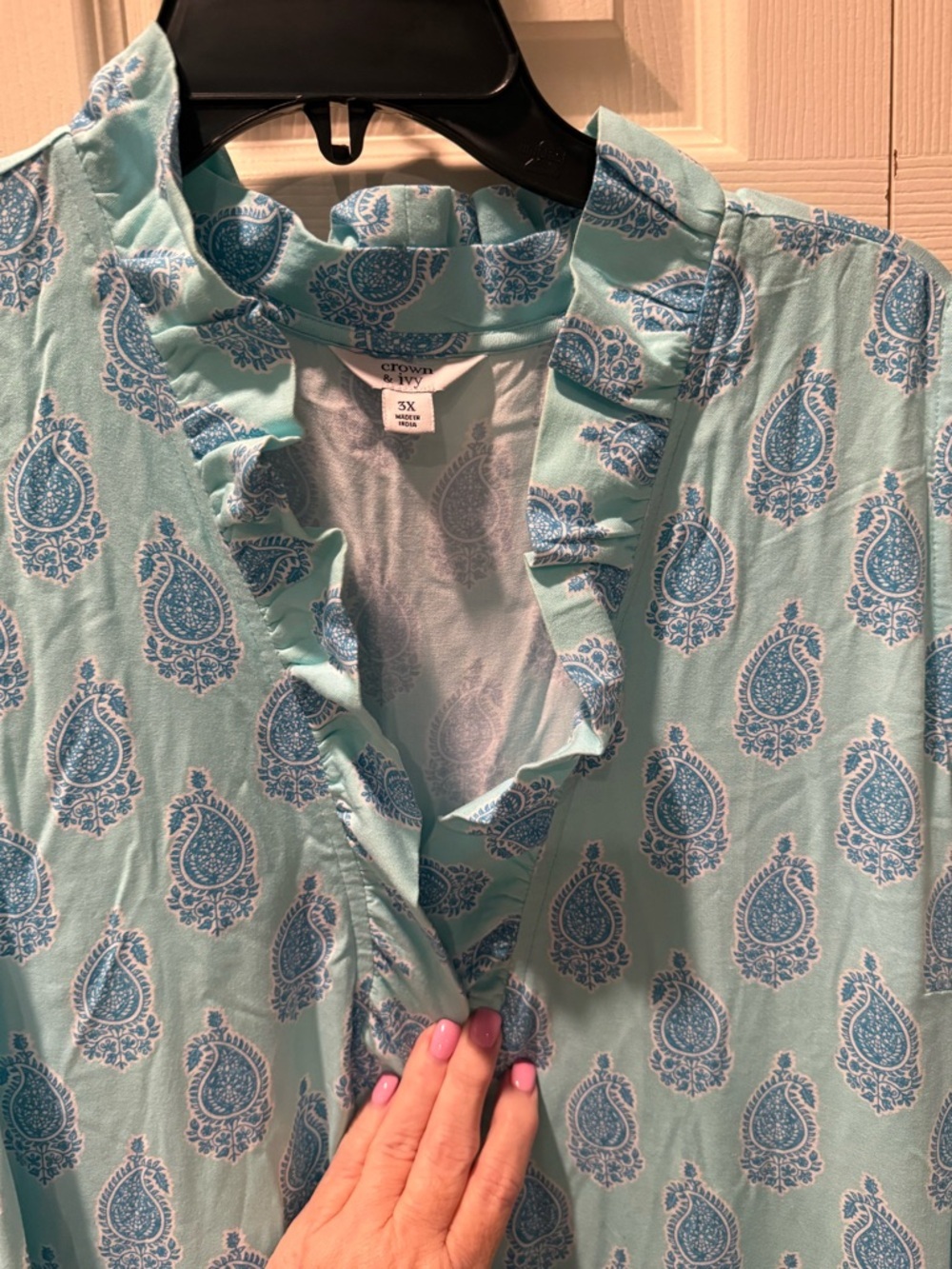 % crown & ivy 3X Aqua Blue Printed Sleeveless Ruffle Tiered Dress - Picture 4 of 6